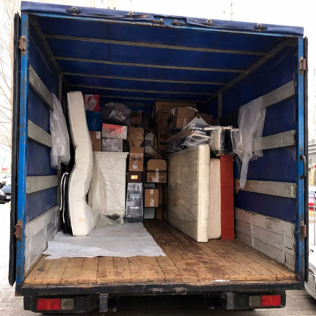 грузовик полный домашних вещей