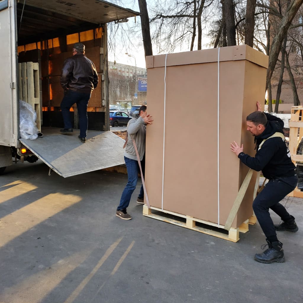 грузчики заносят мебель в фургон